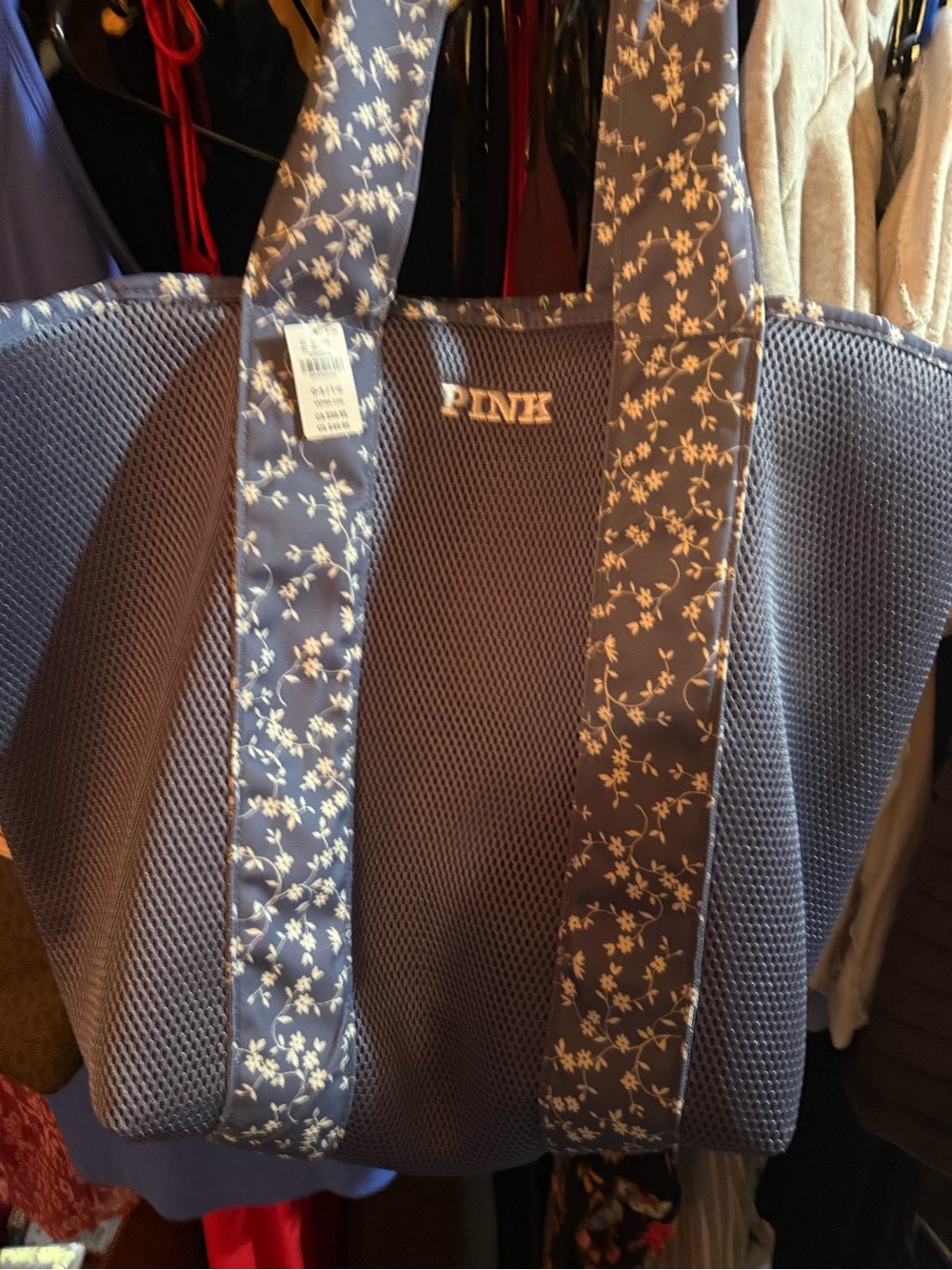PINK Navy Floral-Trim Mesh Tote